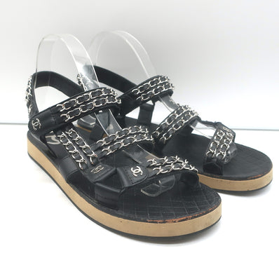 Chanel CC Chain-Trimmed Slingback Sandals Black Leather Size 39 C