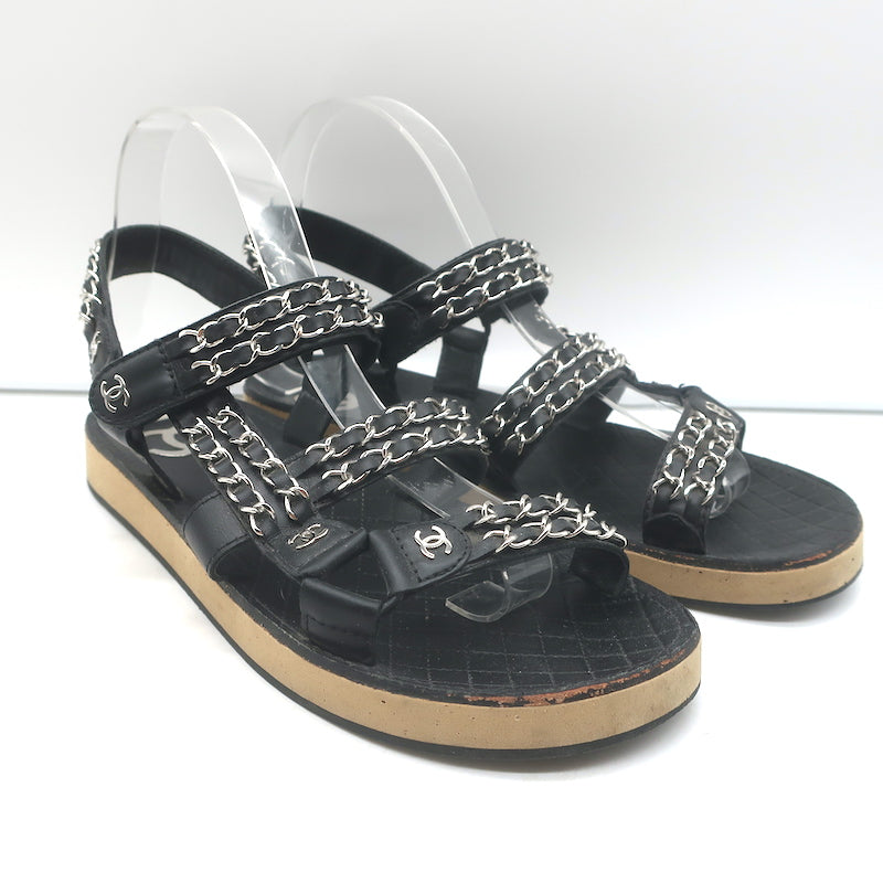 Chanel CC Chain-Trimmed Slingback Sandals Black Leather Size 39 C