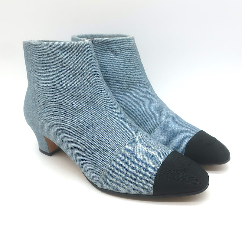 Chanel CC Grosgrain Cap Toe Denim Ankle Boots