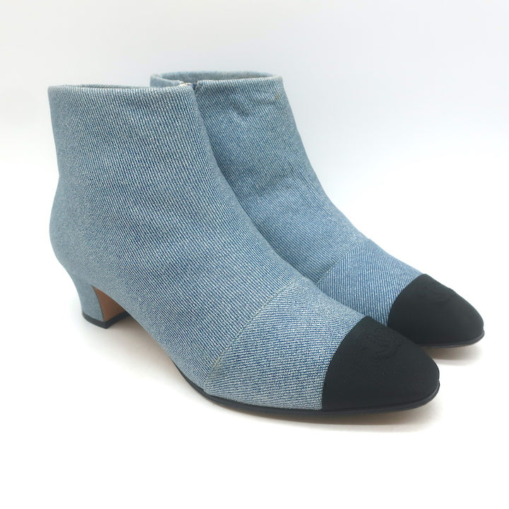 Chanel CC Grosgrain Cap Toe Denim Ankle Boots