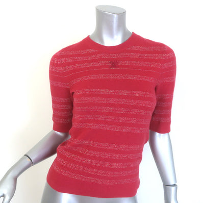 Chanel CC Lurex-Striped Short Sleeve Knit Top Red