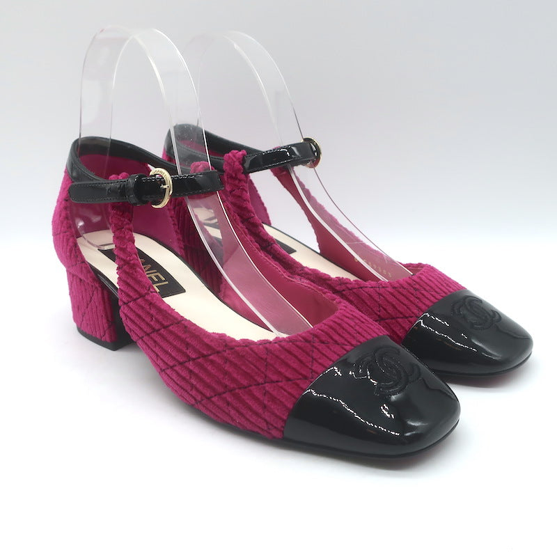 Chanel CC Patent Cap Toe Corduroy Mary Jane Pumps