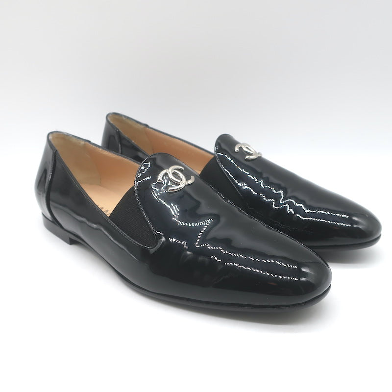 Chanel CC Smoking Slippers Black Patent Leather Size 38.5 