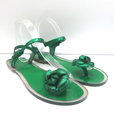 Chanel Camellia Glitter Jelly Sandals Green Size 41 Ankle Strap Flat