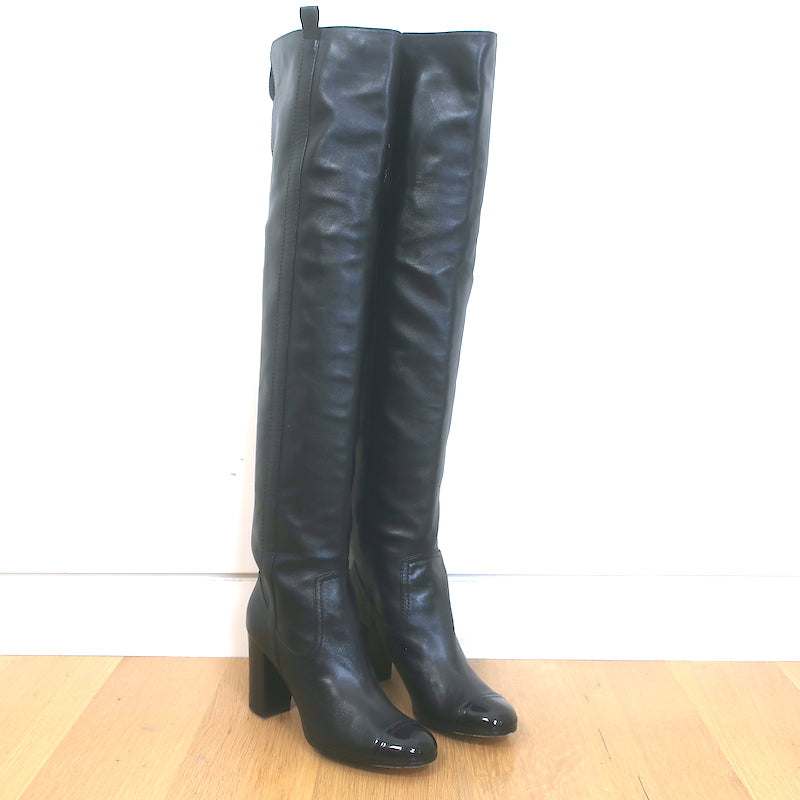 Chanel Cap Toe Over the Knee Boots Black Lambskin and Patent Leather Size 39.5