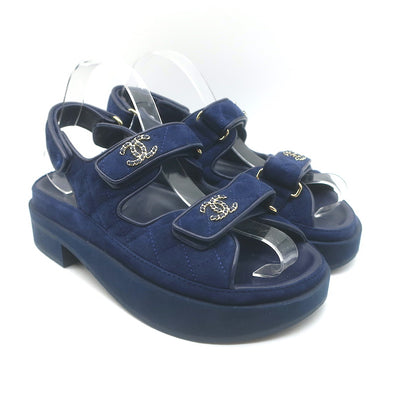 Chanel Chain-CC Quilted Suede Dad Sandals Navy Size 37