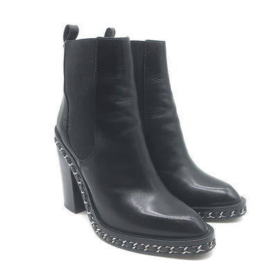 Chanel Chain-Trimmed High Heel Chelsea Boots Black Leather Size 39