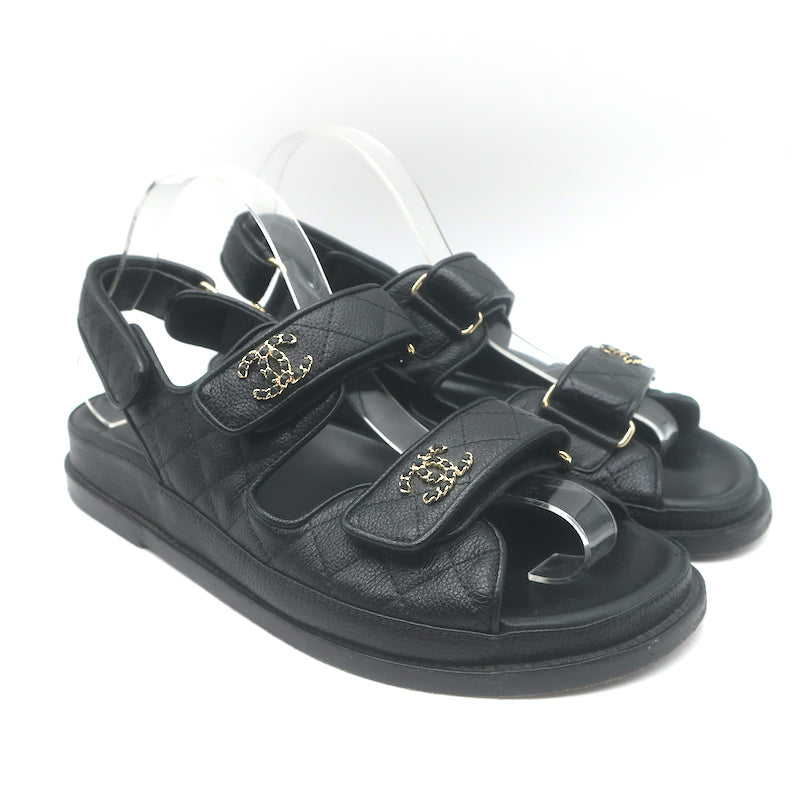 Chanel Chain CC Dad Sandals Black Quilted Caviar Leather 