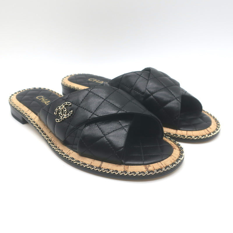 Chanel Chain CC Quilted Crisscross Slide Sandals 