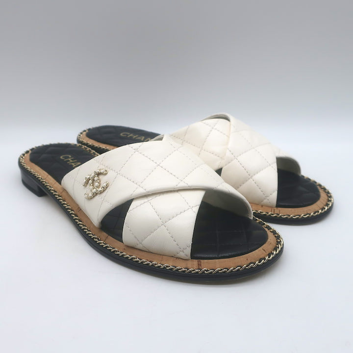 Chanel Chain CC Quilted Crisscross Slide Sandals Cream