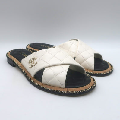 Chanel Chain CC Quilted Crisscross Slide Sandals Cream
