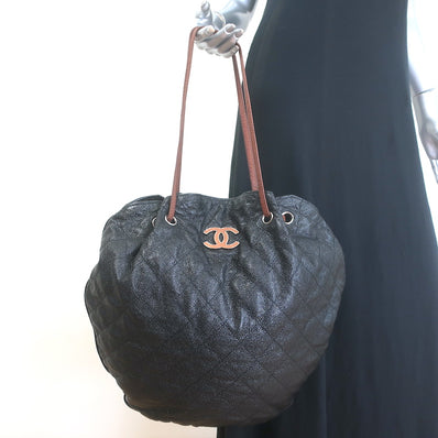 Chanel Cocomark Drawstring Tote Black Quilted Caviar 