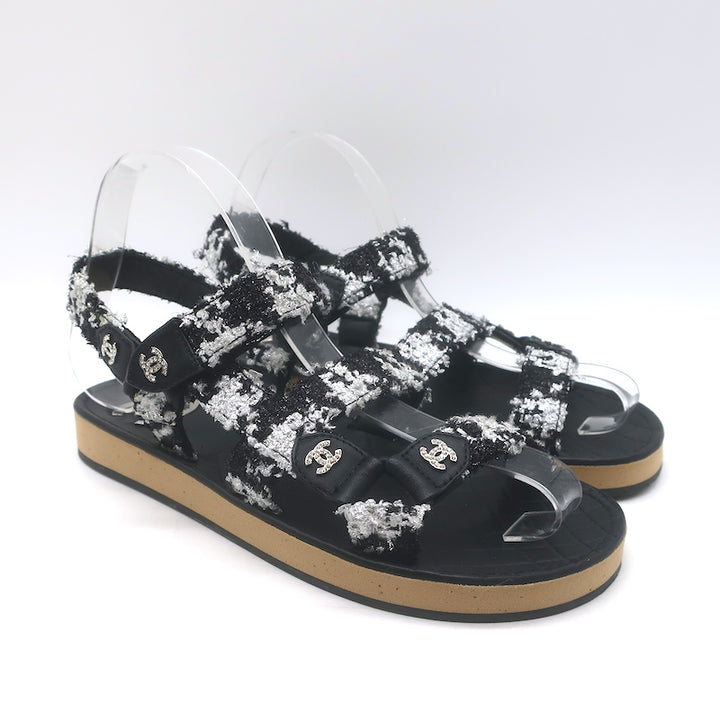 Chanel Crystal-CC Metallic Tweed Dad Sandals 