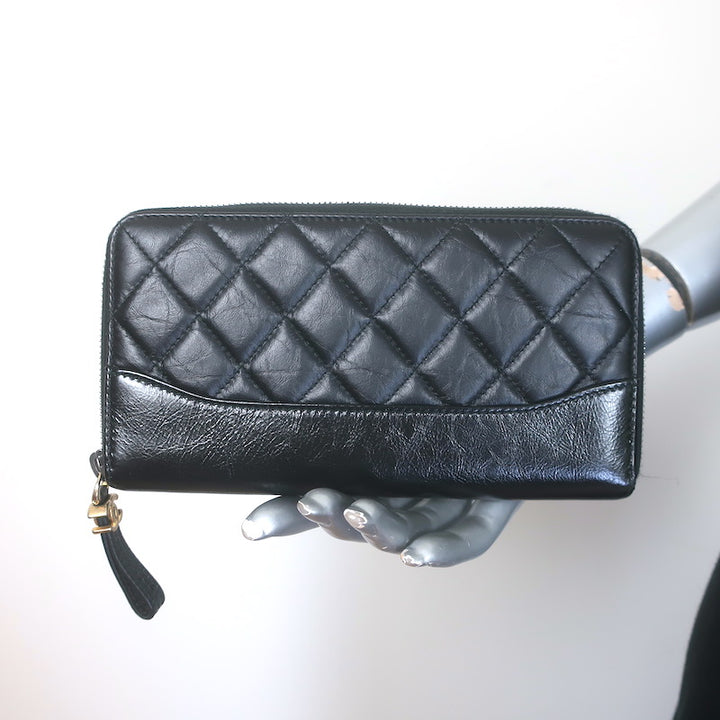 Chanel Gabrielle Long Zip Around Wallet Black Quilted Leather
