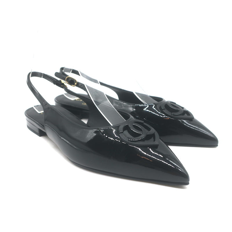 Chanel Heart CC Pointed Toe Slingback Flats Black Patent 