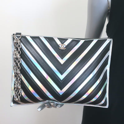 Chanel Holographic Chevron Zip Pouch Black & Silver Medium Wristlet Clutch Bag