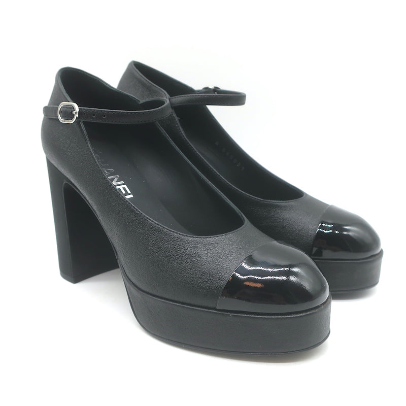 Chanel Pearl-CC Patent Cap Toe Platform Mary Jane Pumps Black