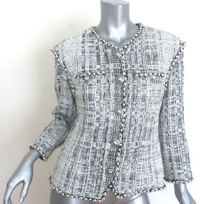 Chanel Pearl-Trimmed Metallic Lesage Jacket Silver/White Wool-Blend Size 40