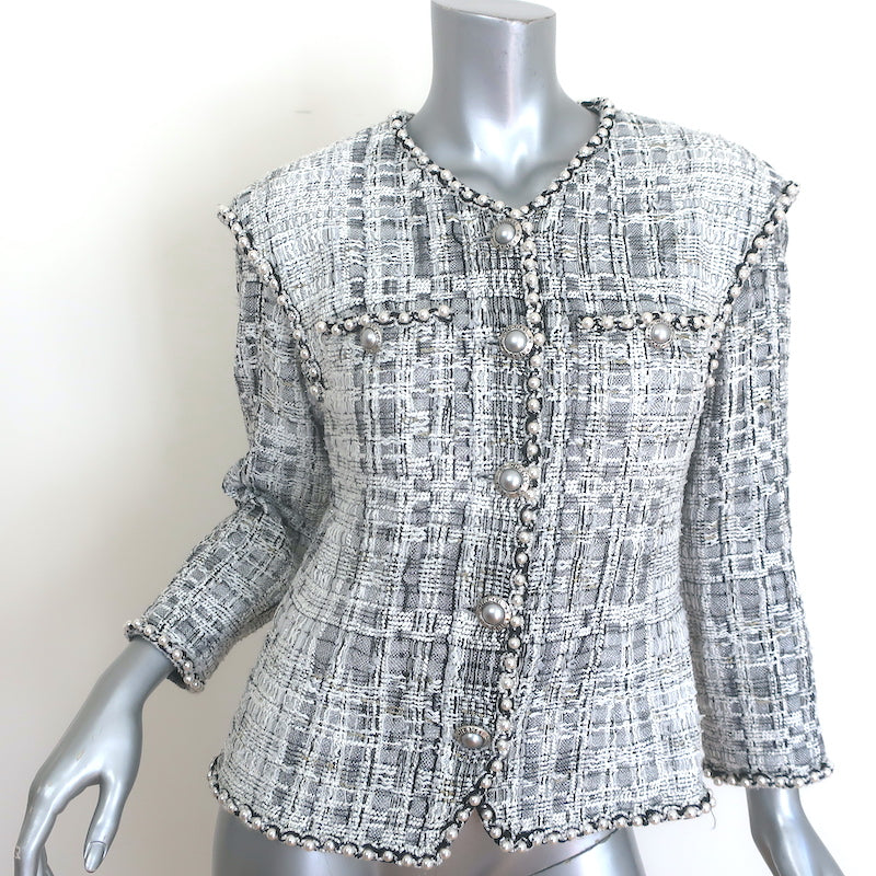 Chanel Pearl-Trimmed Metallic Lesage Jacket Silver/White Wool-Blend Size 40