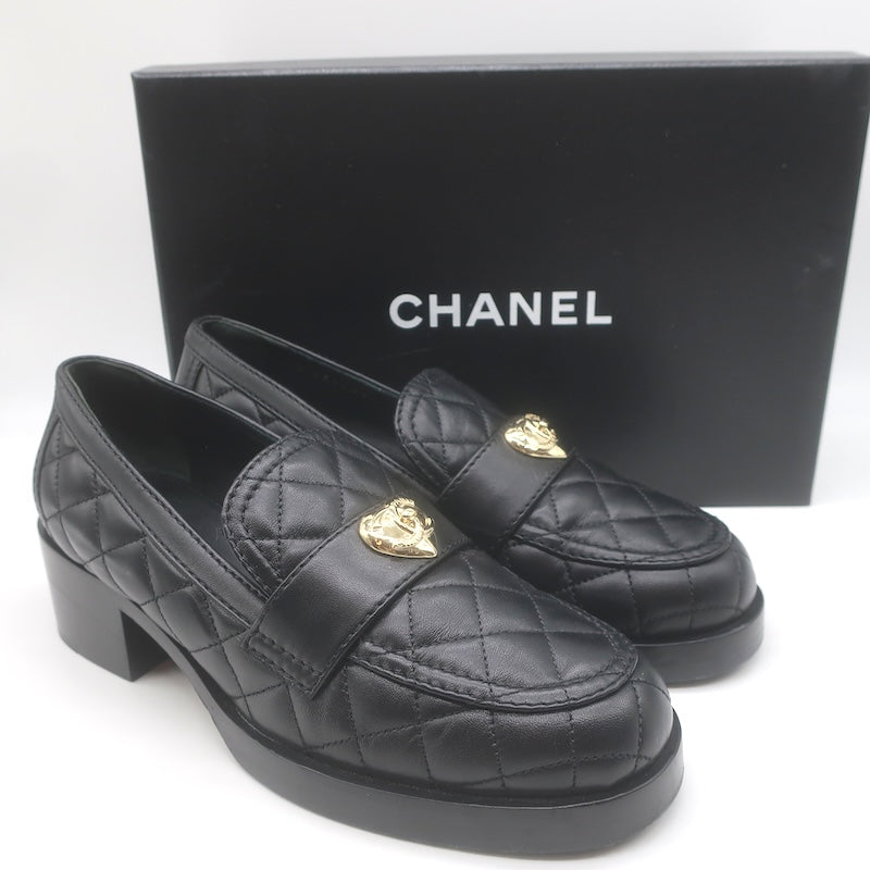 Chanel Quilted CC Heart Loafers Black Lambskin Leather