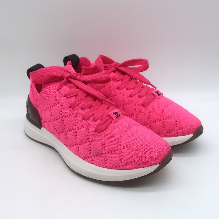 Chanel Quilted Knit Low Top Sneakers Hot Pink Size 37.5
