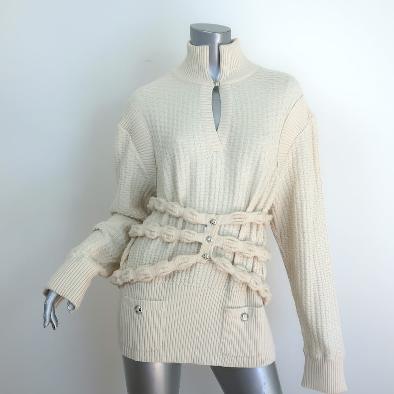 Chanel Textured Knit Tunic Sweater with Removable Belt Cream Wool Size 42