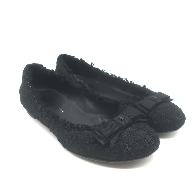 Chanel Tweed CC Bow Ballet Flats Black Size 37