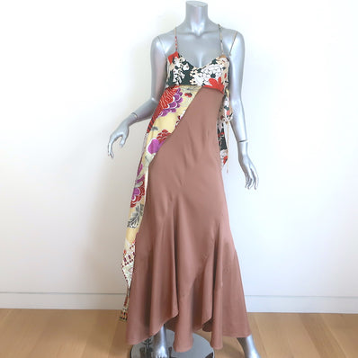 Chloe Asymmetric Scarf-Detail Maxi Dress Brown/Multi Silk Twill Size 38