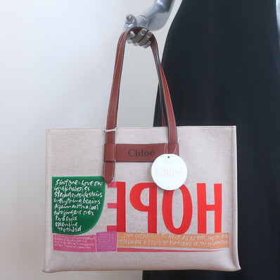 Chloe Corita Kent Embroidered Canvas Tote Beige Large Shoulder Bag NEW