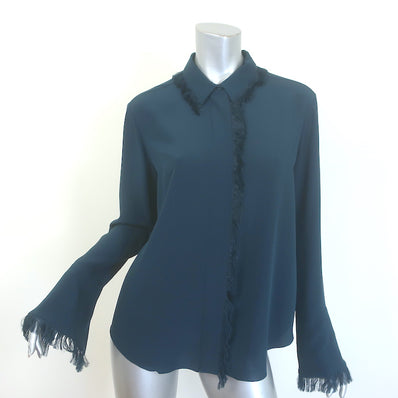 Chloe Fringe-Trimmed Button Down Shirt Dark Teal Size 42 Long Sleeve Blouse