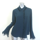 Chloe Fringe-Trimmed Button Down Shirt Dark Teal Size 42 Long Sleeve Blouse