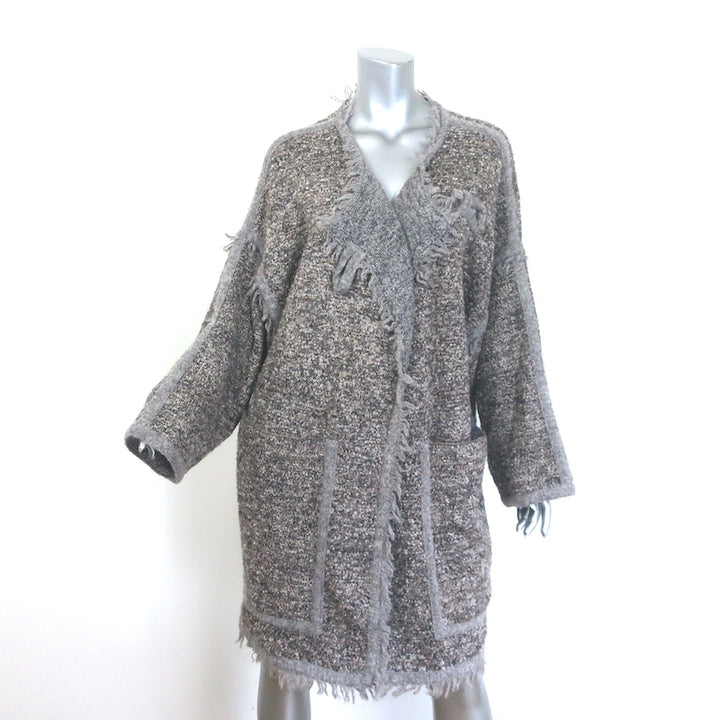 Chloe fringed boucle knit sweater-coat in gray/beige wool-blend, extra-small, gently pre-owned luxury