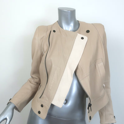 Chloe Linen-Trimmed Leather Biker Jacket Beige Size 36