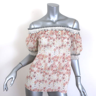 Chloé off-the-shoulder puff-sleeve top, cream with pink floral print, 65% cotton/35% silk — pre-owned, good condition