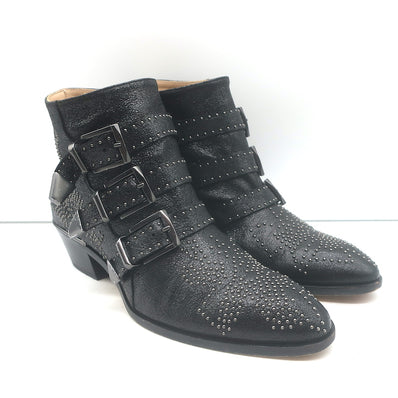 Chloe Susanna studded ankle boots in black textured leather, authentic pre-owned, gently worn.
