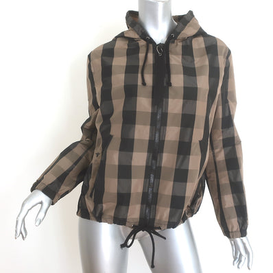 Christian Dior hooded windbreaker jacket, brown-and-black buffalo-check, authentic pre-owned, gently worn, size US 4