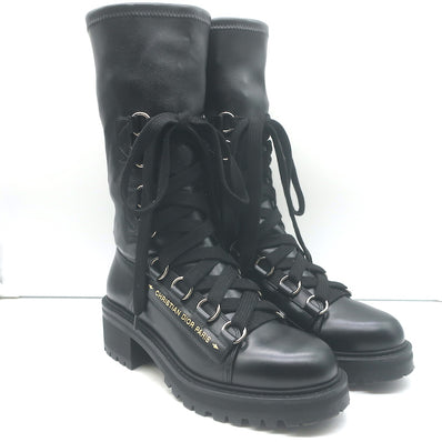 Christian Dior D-Fight lace-up combat boots in black stretch leather, pre-owned and authentic, size 38