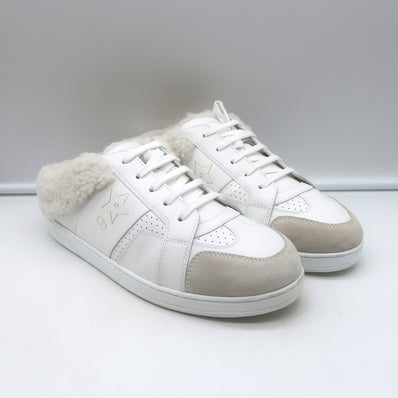 Authentic Christian Dior shearling-lined white leather sneakers, pre-owned and gently worn