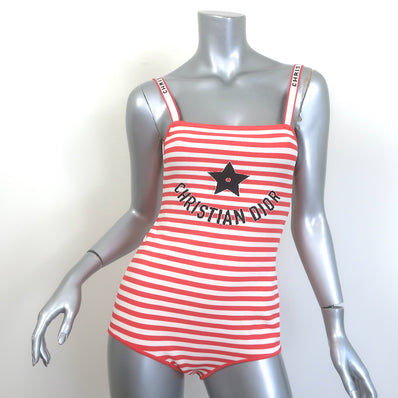 Christian Dior Dioriviera Striped Bodysuit Coral/White Stretch Knit Size Medium