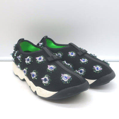 Christian Dior Fusion Floral Beaded Low Top Sneakers Black Mesh Size 37.5