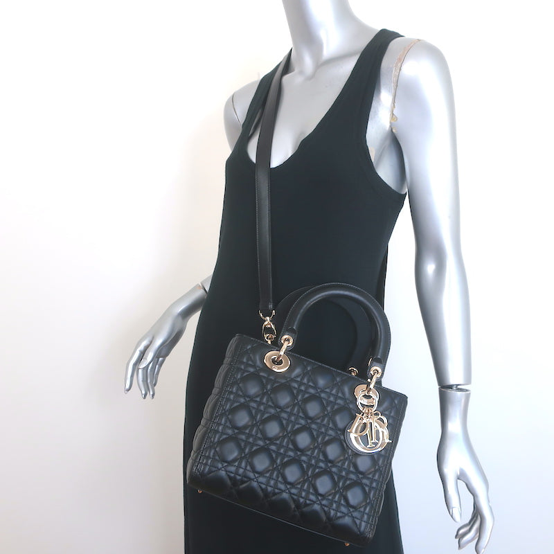Pre-Owned Christian Dior Medium Lady Dior Black Lambskin Auth
