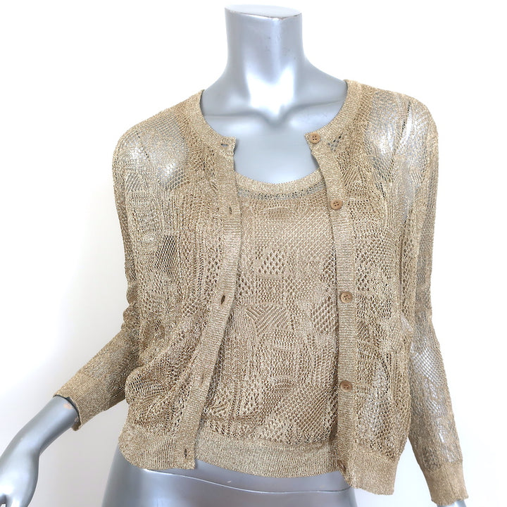 Christian Dior Metallic Knit Twinset Gold Size 40 Matching Top &amp; Cardigan NEW