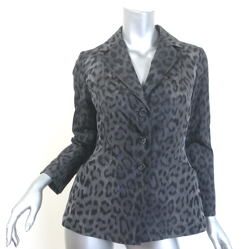 Christian Dior Mizza Bar Jacket Charcoal Leopard Print Silk Taffeta Size US 6