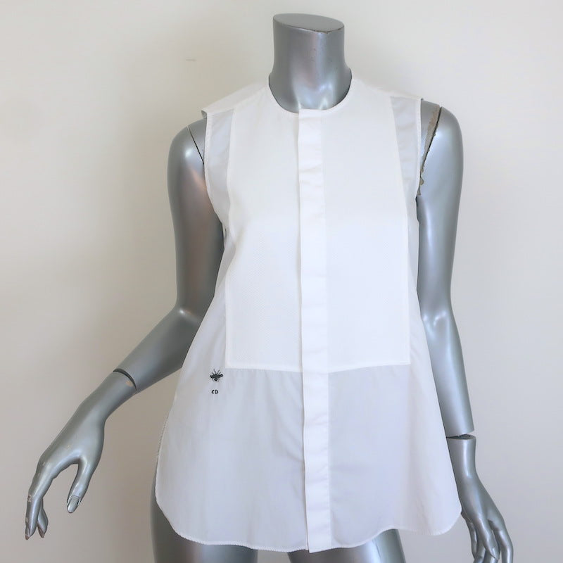 Christian Dior Pique Plastron Sleeveless Button-Down Blouse White