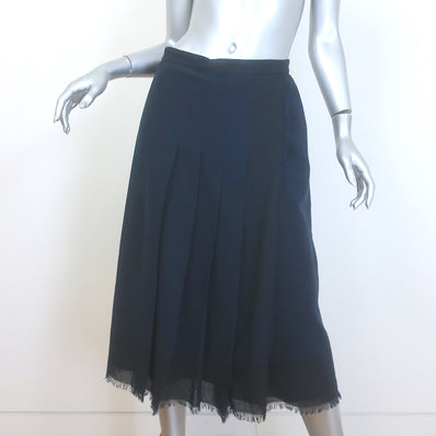 Christian Dior Pleated Midi Wrap Skirt Navy/Black Bicolor Frayed Wool 