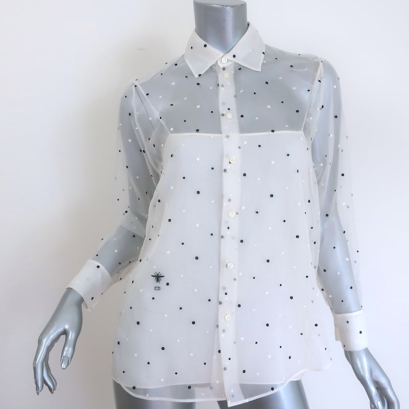 Christian Dior Polka Dot Embroidered Organza Blouse White Size 38 