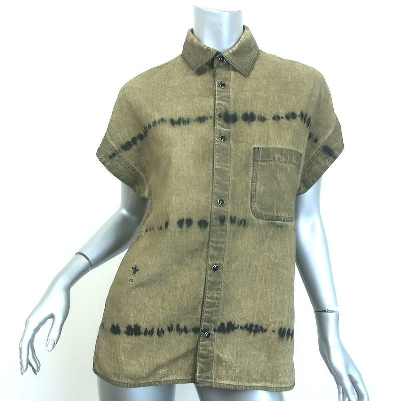 Christian Dior Tie Dye Snap Shirt Olive Cotton Size Small Short Sleeve Top