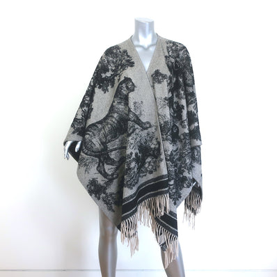 Christian Dior Toile de Jouy Fringed Cashmere Poncho Shawl Gray/Black