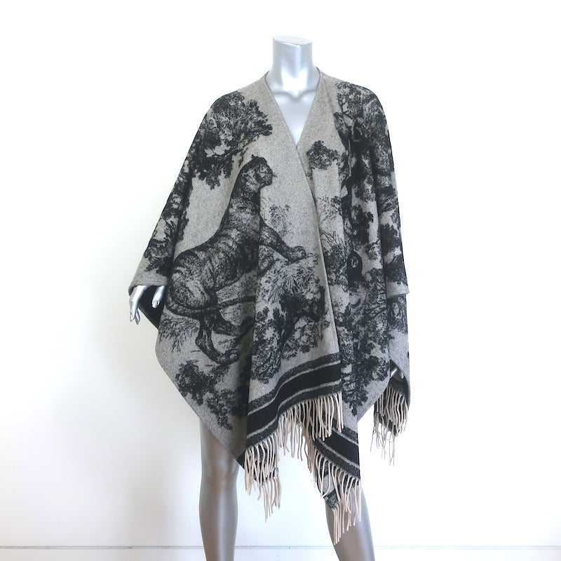 Christian Dior Toile de Jouy Fringed Cashmere Poncho Shawl Gray/Black