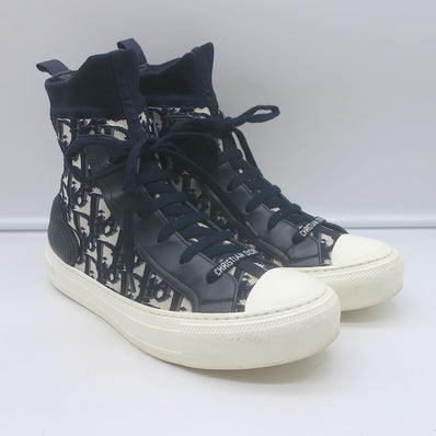 Christian Dior Walk'n'Dior high-top stretch-knit sneakers, Navy Oblique pattern — authentic, pre-owned, gently worn